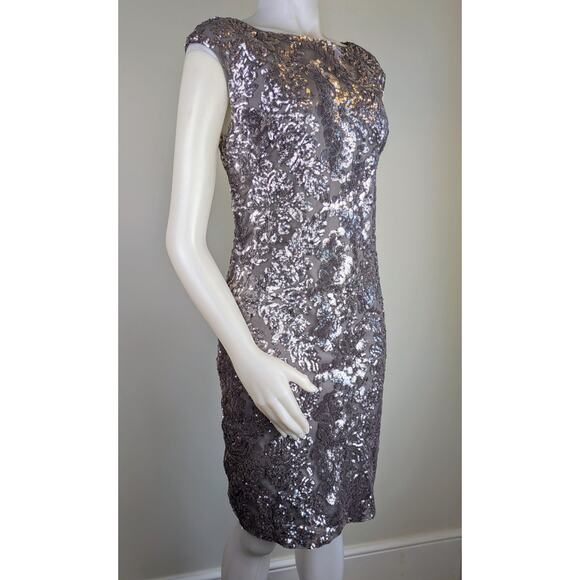 Ralph Lauren Gray Silver Sequin Tulle Evening Sheath Dress Keyhole Back Size 10 - Picture 3 of 12